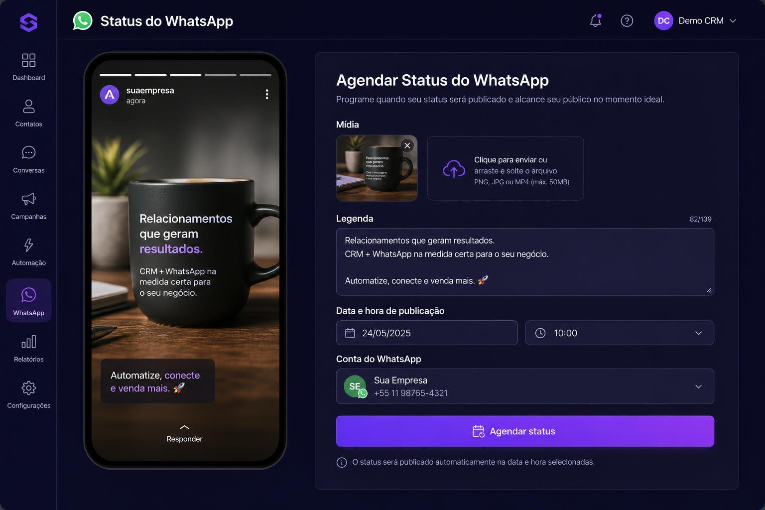 Agendamento de status do WhatsApp no Conecte Chat CRM